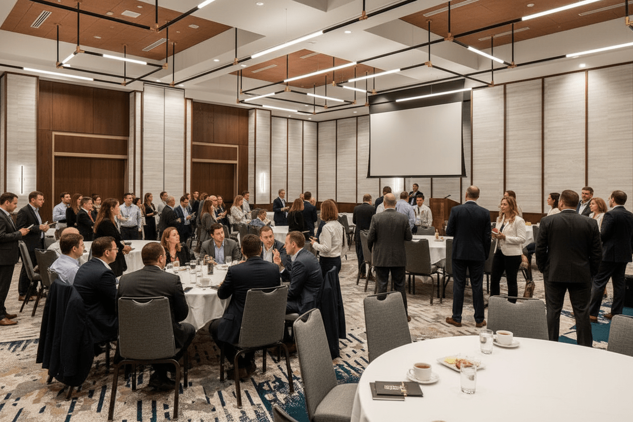 Conference hall filled with AI-generated attendees
