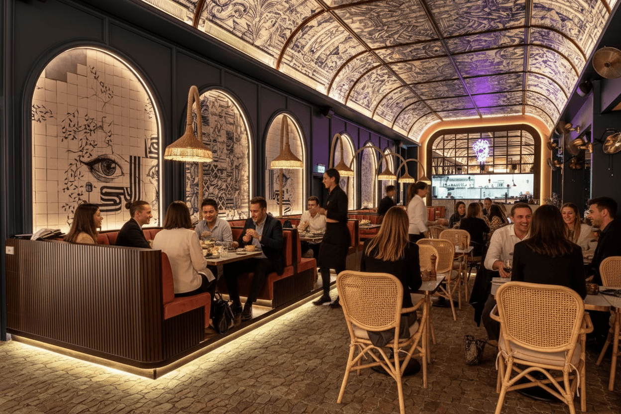 Restaurant dining room filled with AI-generated guests